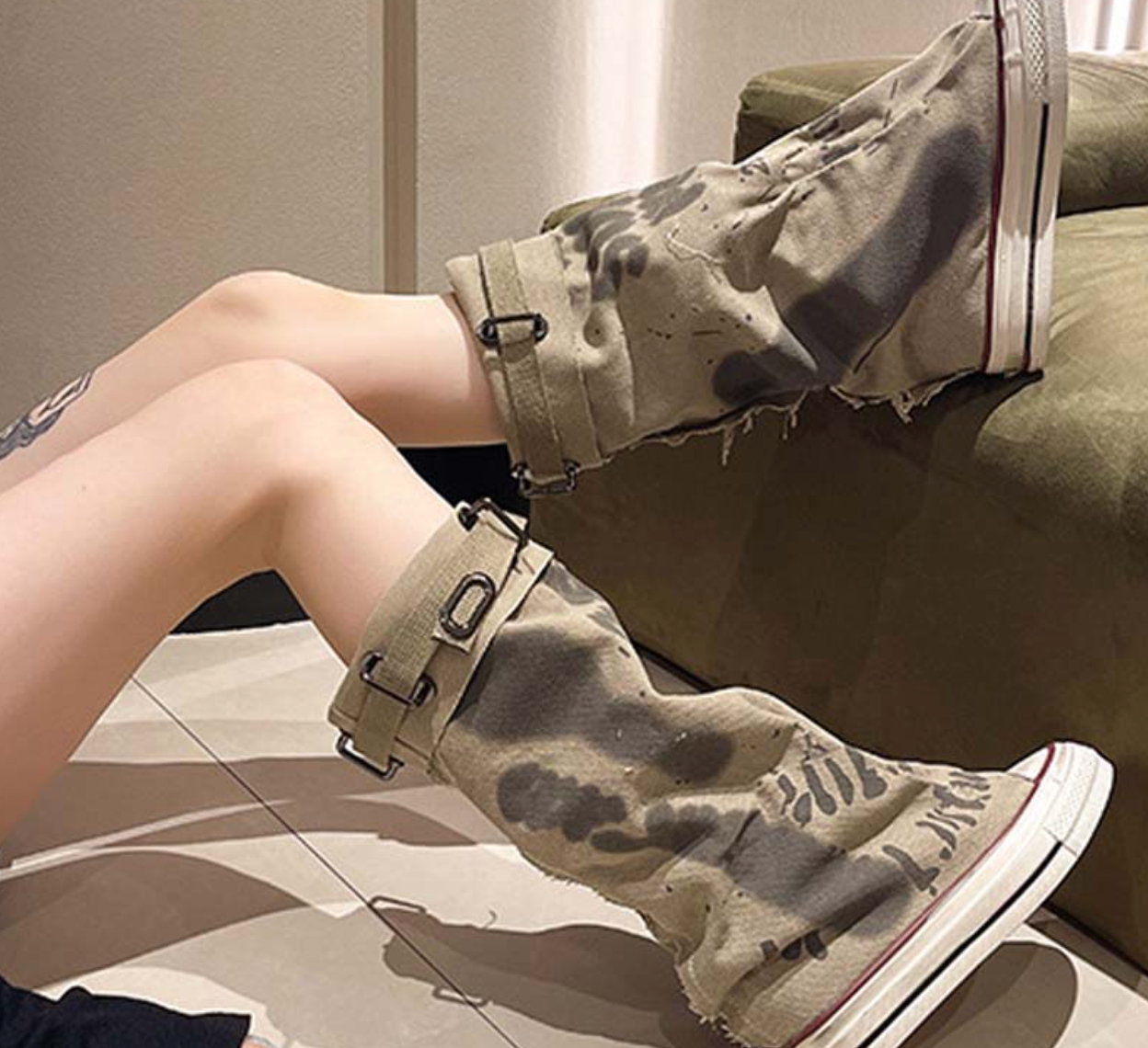 Botas planas de lona retro de media pantorrilla para mujer